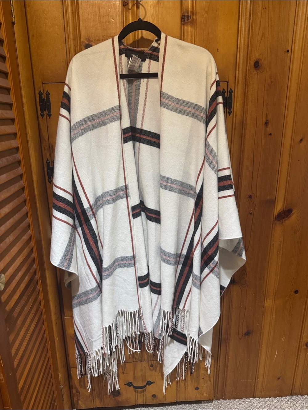 Forever 21 Cream Striped Fringe Poncho with Black & Rust Accents